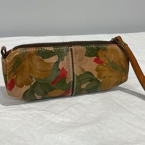 Patricia Nash Florals Painted oblong Pouch wristlet Italian leather green red